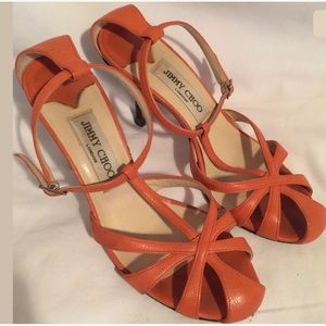 JIMMY CHOO Size 7 Orange Leather Strappy 3” Heels